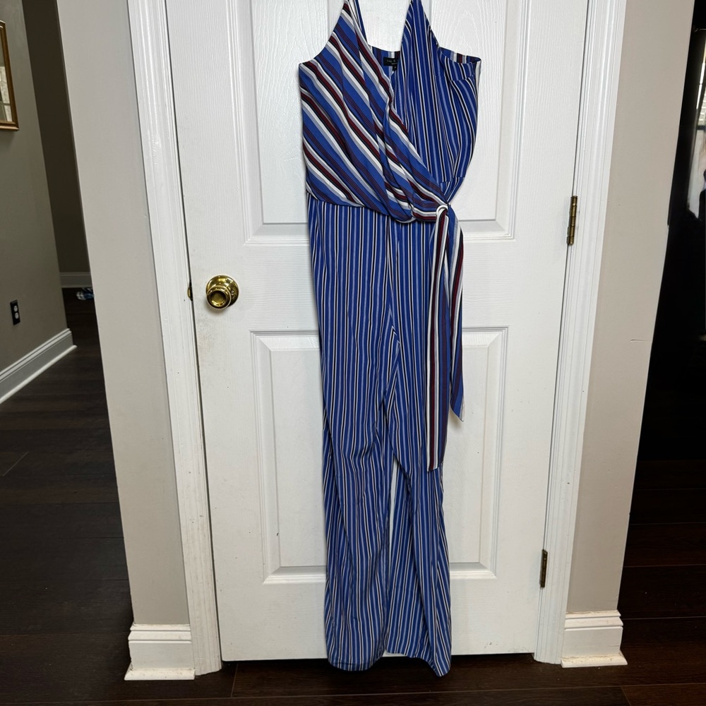 Rag & Bone Felix Silk Striped Wrap Jumpsuit Size 8 Blue Red Wide Leg Pockets - Picture 3 of 12